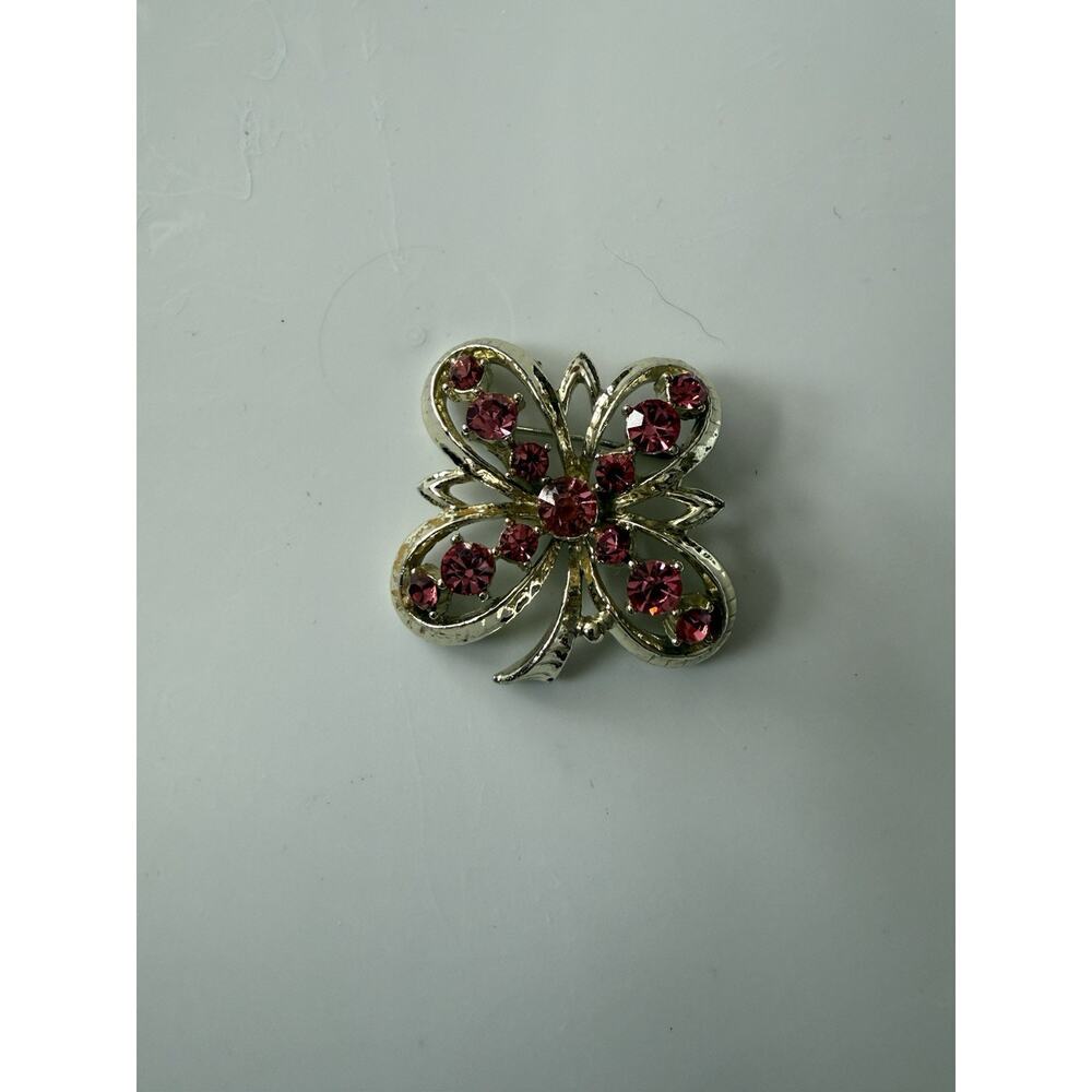 VTG Pink Rhinestone Silver Butterfly Flower Pin Brooch